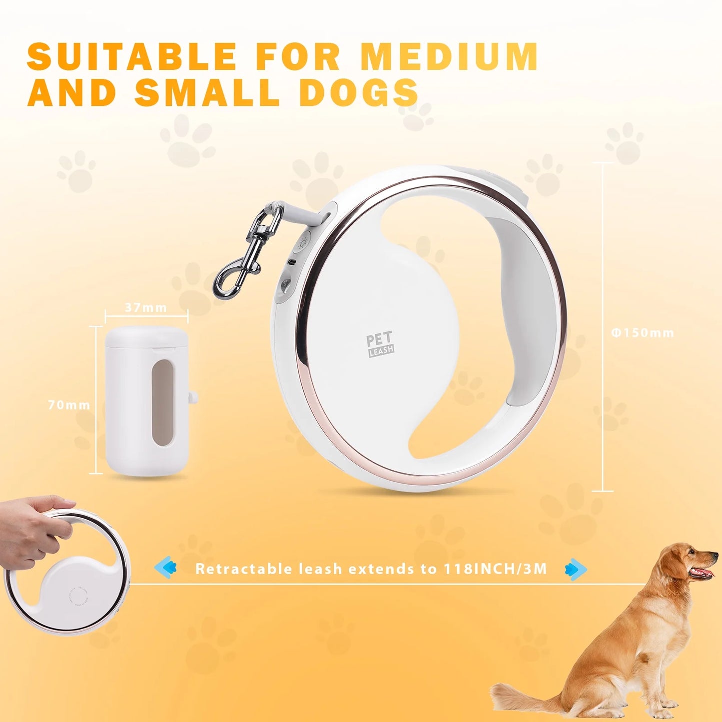 Upgrade 4-In-1 Retractable Dog Leash with LED Light & Dispenser & Poop Bags for Night Walks, 9.8Ft Heavy Duty Dog Leash with Anti-Slip Handle, Tangle-Free for Dog Ups to 60Lbs, White