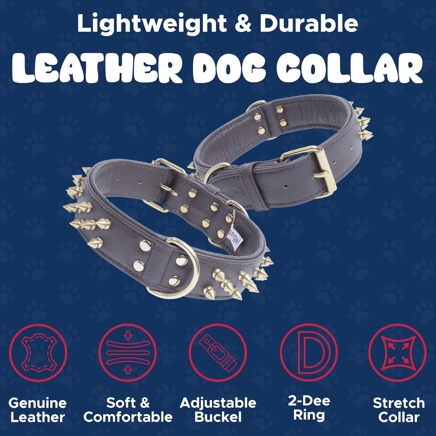 Genuine Leather Spiked Dog Collar | Multi- Line Metal Spikes | Soft and Strong Padded Leather | Stainless Steel | 2 Dee Rings | Multiple Sizes | Amsterdam Spiked Collection by