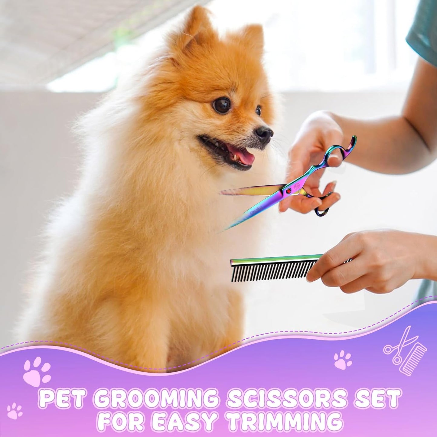 Professional Dog Grooming Scissors Set, 7 Inch/8 Inch Pet Grooming Scissors Chunkers Shears for Dog, Curved Dog Grooming Scissors, Thinning Shears for Dog with Grooming Comb